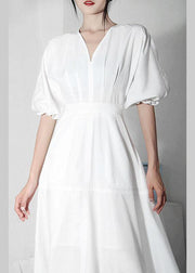 Comfy White V Neck Cotton Lantern sleeve Summer Dress - SooLinen
