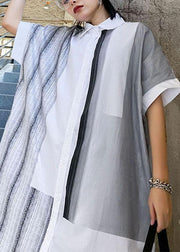 Comfy WhiteLoose Peter Pan Collar Summer Short Sleeve Cotton Mid Dress - SooLinen
