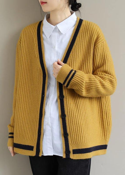Comfy Yellow Knit Blouse V Neck Button Down Trendy Spring Knitwear - SooLinen