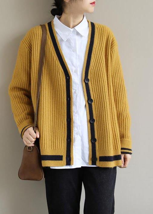 Comfy Yellow Knit Blouse V Neck Button Down Trendy Spring Knitwear - SooLinen
