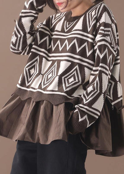 Comfy brown Sweater Blouse patchwork casual Geometry knit tops - SooLinen