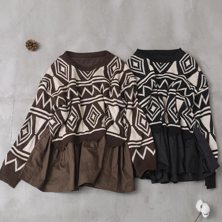 Comfy brown Sweater Blouse patchwork casual Geometry knit tops - SooLinen