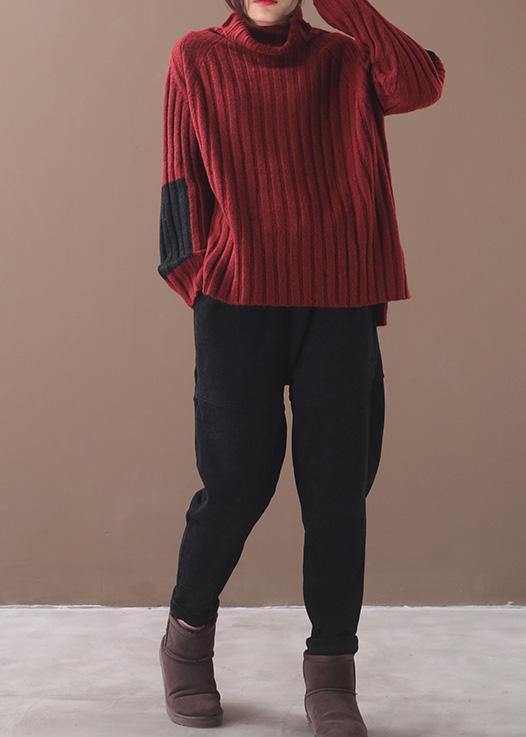 Comfy burgundy knit blouse patchwork sleeve plus size high neck knit tops - SooLinen