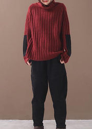 Comfy burgundy knit blouse patchwork sleeve plus size high neck knit tops - SooLinen