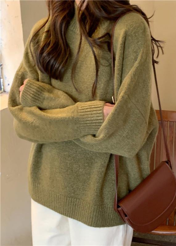Comfy fall green knit sweat tops plus size high neck knit blouse - SooLinen