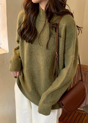 Comfy fall green knit sweat tops plus size high neck knit blouse - SooLinen