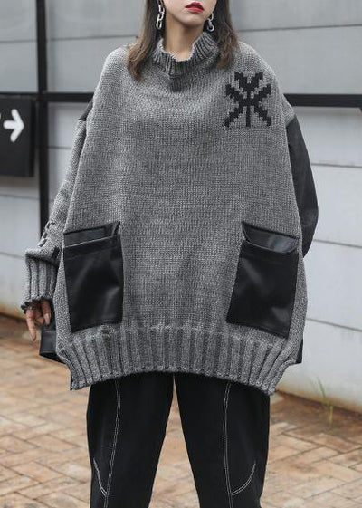 Comfy gray clothes o neck patchwork oversize fall knitwear - SooLinen
