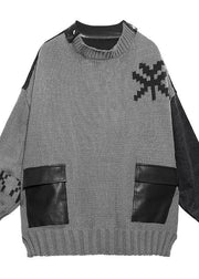 Comfy gray clothes o neck patchwork oversize fall knitwear - SooLinen