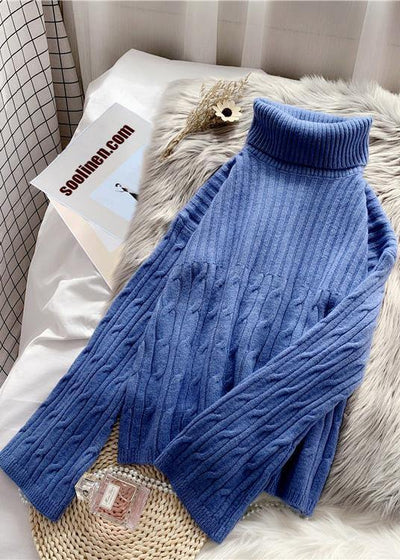 Comfy high neck Solid color knitted blouse Loose fitting thick knit blouse - SooLinen