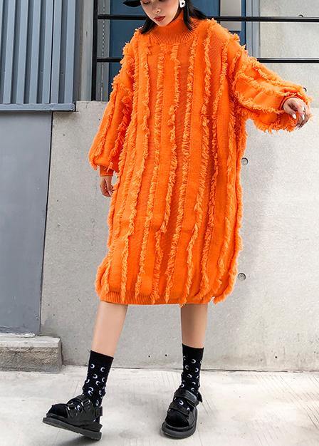 Comfy high neck tassel Sweater fall weather Upcycle orange baggy knitwear - SooLinen