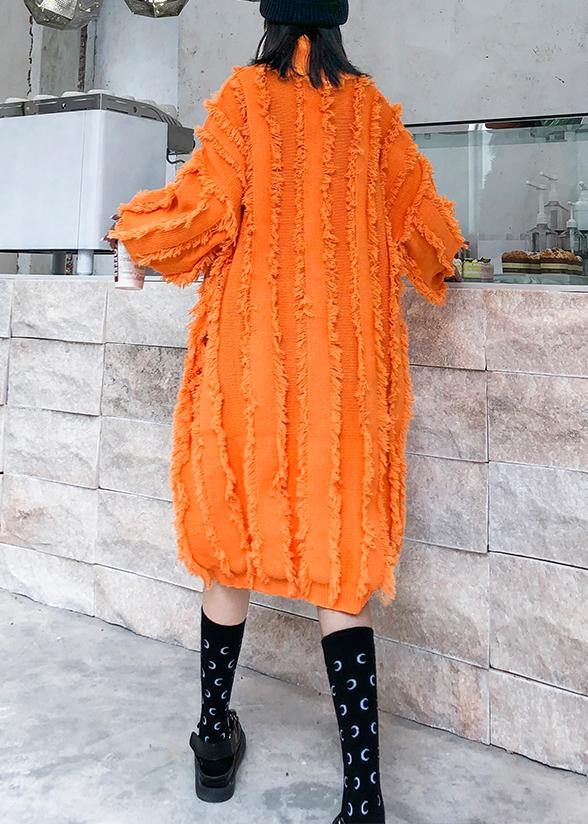 Comfy high neck tassel Sweater fall weather Upcycle orange baggy knitwear - SooLinen