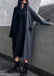 Comfy hooded patchwork  Sweater outfits Largo black sweater dresses - SooLinen