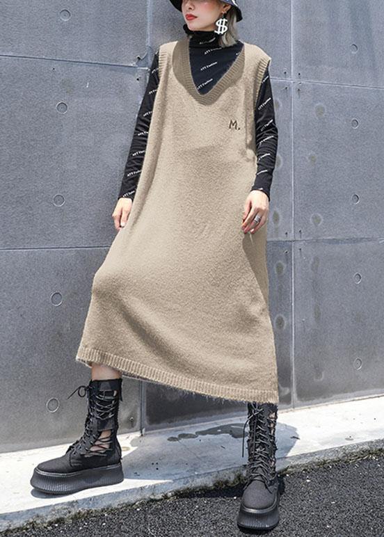 Comfy khaki Sweater knit top pattern Vintage sleeveless Big fall knit dress - SooLinen