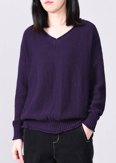 Comfy long sleeve sweater Loose fitting purple knit tops v neck - SooLinen
