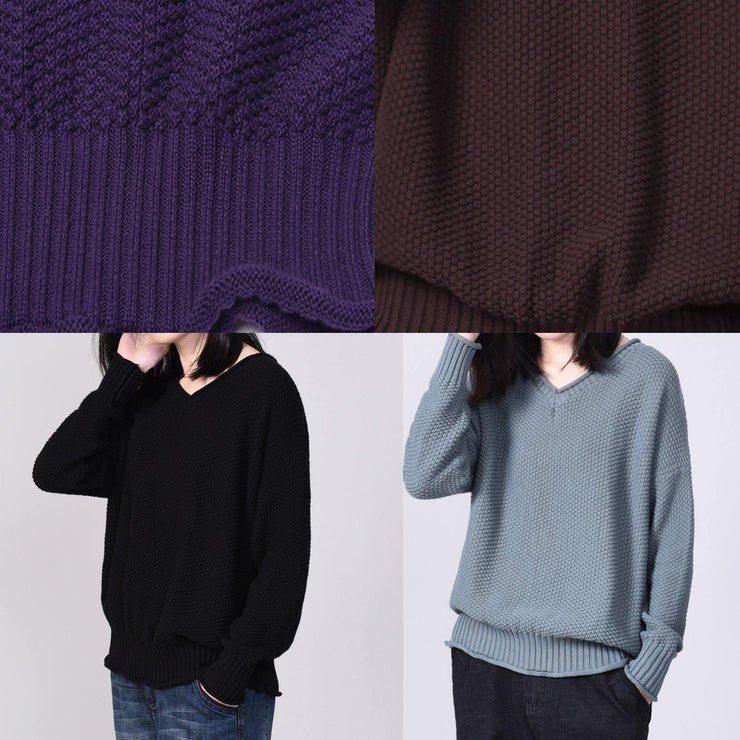 Comfy long sleeve sweater Loose fitting purple knit tops v neck - SooLinen