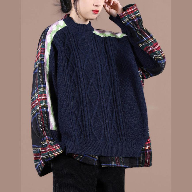Comfy navy plaid knit sweat tops oversized o neck false two pieces Blouse - SooLinen