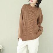 Comfy o neck Bow Sweater tops plus size brown Big knitwear