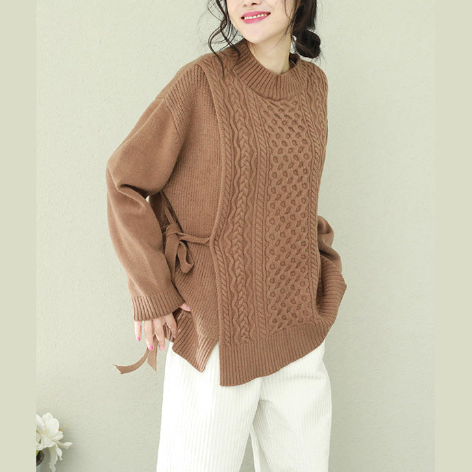 Comfy o neck Bow Sweater tops plus size brown Big knitwear
