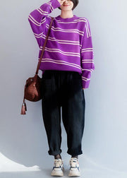 Comfy o neck purple striped knitwear Loose fitting thick Sweater Blouse - SooLinen