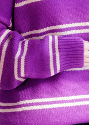 Comfy o neck purple striped knitwear Loose fitting thick Sweater Blouse - SooLinen