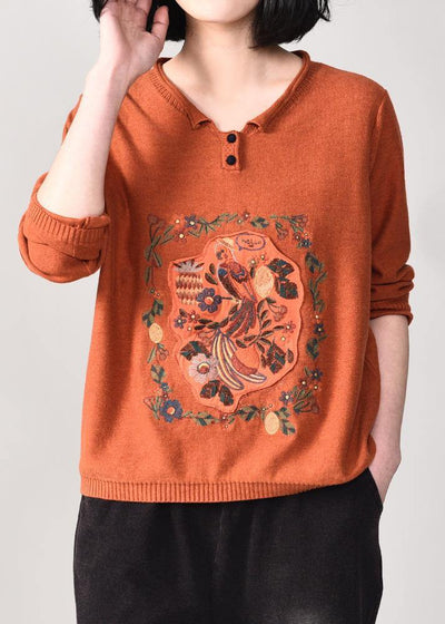 Comfy orange prints knit tops fall fashion fall v neck sweaters wild - SooLinen