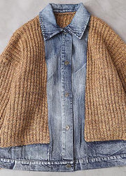 Comfy patchwork khaki knit tops oversize lapel collar knit blouse - SooLinen