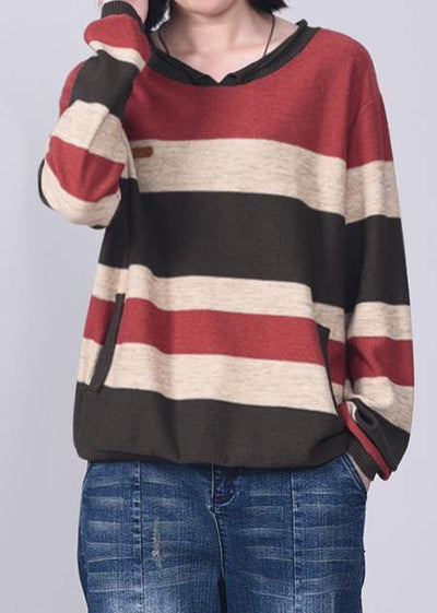 Comfy patchwork knit t shirt plus size autumn sweater red - SooLinen