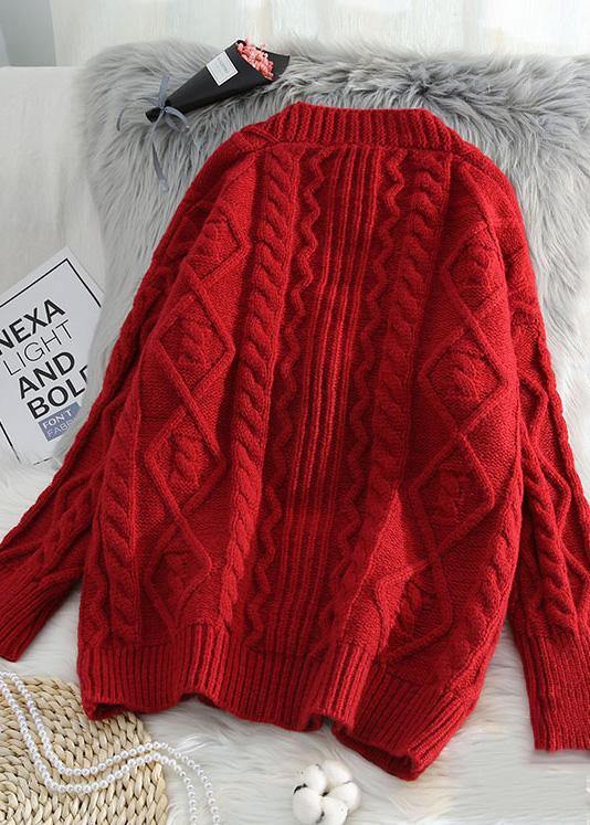 Comfy red knit jacket oversized spring two pockets knitwear - SooLinen