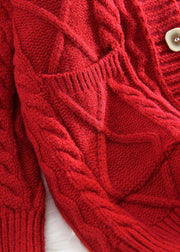 Comfy red knit jacket oversized spring two pockets knitwear - SooLinen