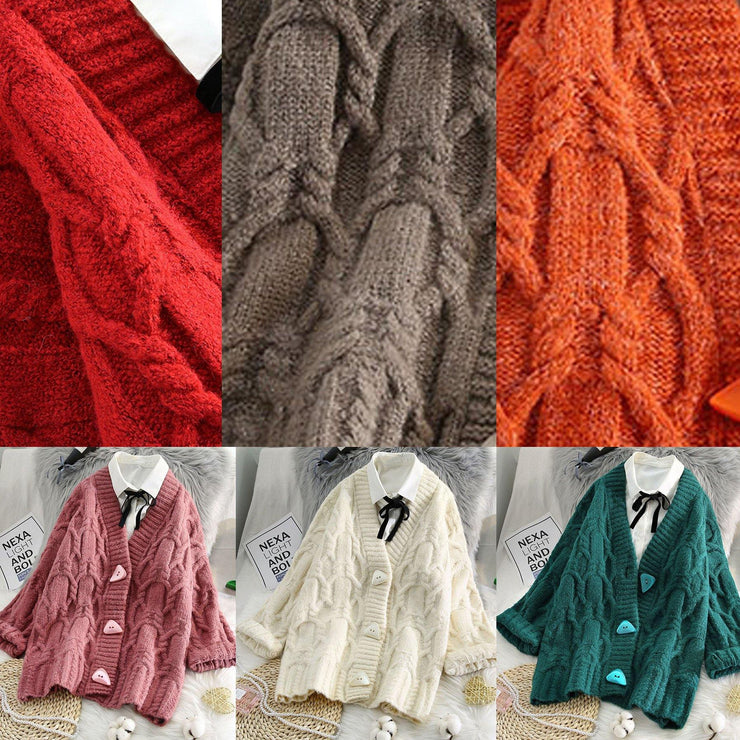 Comfy spring knitwear plus size beige v neck Button sweater coat - SooLinen