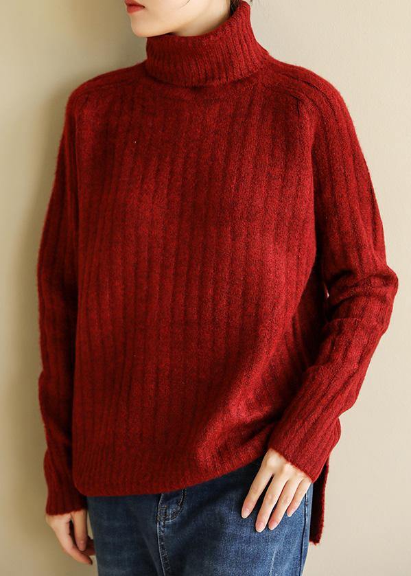Comfy spring red knit tops fall fashion high neck knit blouse - SooLinen
