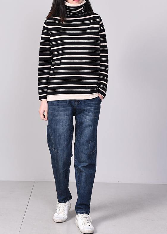 Comfy striped knitted tops oversize high neck sweater black autumn - SooLinen