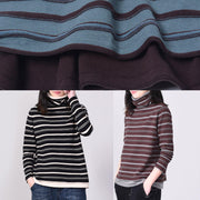 Comfy striped knitted tops oversize high neck sweater black autumn - SooLinen