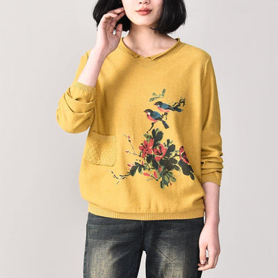Comfy yellow knit jacket trendy plus size autumn prints knit sweat tops pockets - SooLinen
