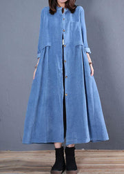 Corduroy blended light blue o neck pockets coat for woman - SooLinen