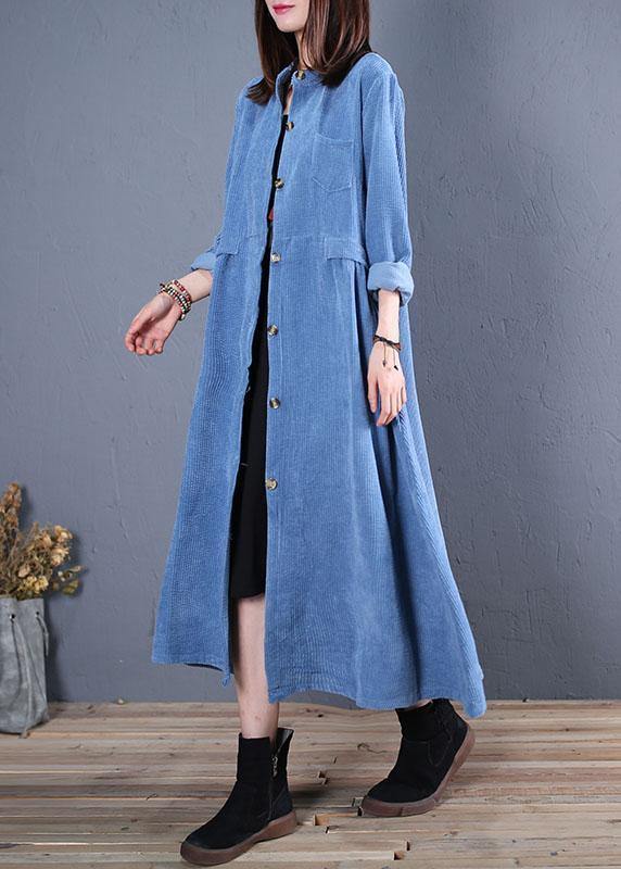 Corduroy blended light blue o neck pockets coat for woman - SooLinen