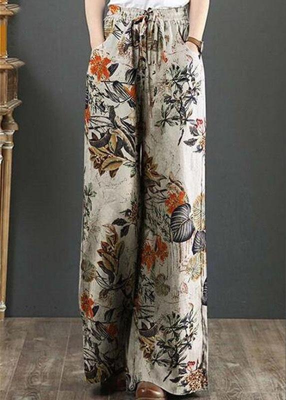 Cotton Women Palnt Floral Print Pocket Drawstring Elastic Waist Retro Wide Leg Pants - SooLinen