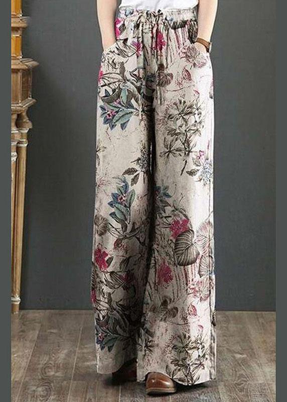 Cotton Women Palnt Floral Print Pocket Drawstring Elastic Waist Retro Wide Leg Pants - SooLinen