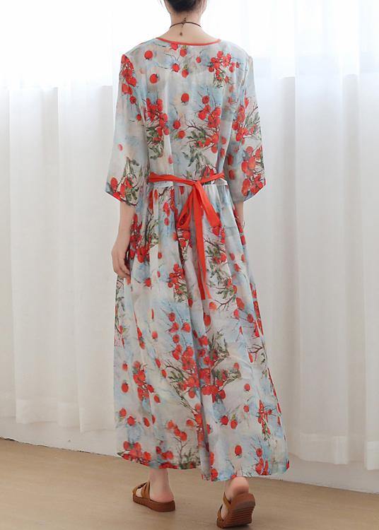 Cotton and linen new style Jiangnan floral five-point sleeve high waist dress ramie printed long skirt - SooLinen