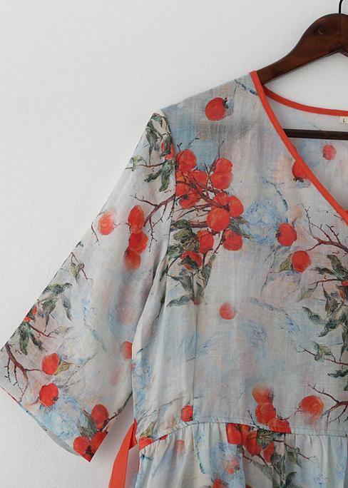 Cotton and linen new style Jiangnan floral five-point sleeve high waist dress ramie printed long skirt - SooLinen