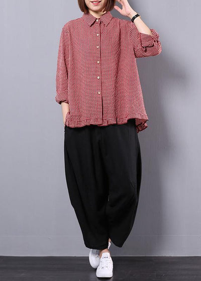 Cotton and linen red plaid shirt suit female long-sleeved new large size loose casual harem pants two-piece suit - SooLinen