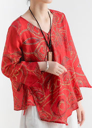 Cotton and linen women's summer V-neck lace high-end large size abstract red printed heart-shaped ramie shirt - SooLinen