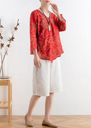 Cotton and linen women's summer V-neck lace high-end large size abstract red printed heart-shaped ramie shirt - SooLinen