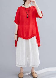 Cotton linen red two-piece fungus stitching round neck T-shirt split seven-point wide-leg pants fashion suit - SooLinen