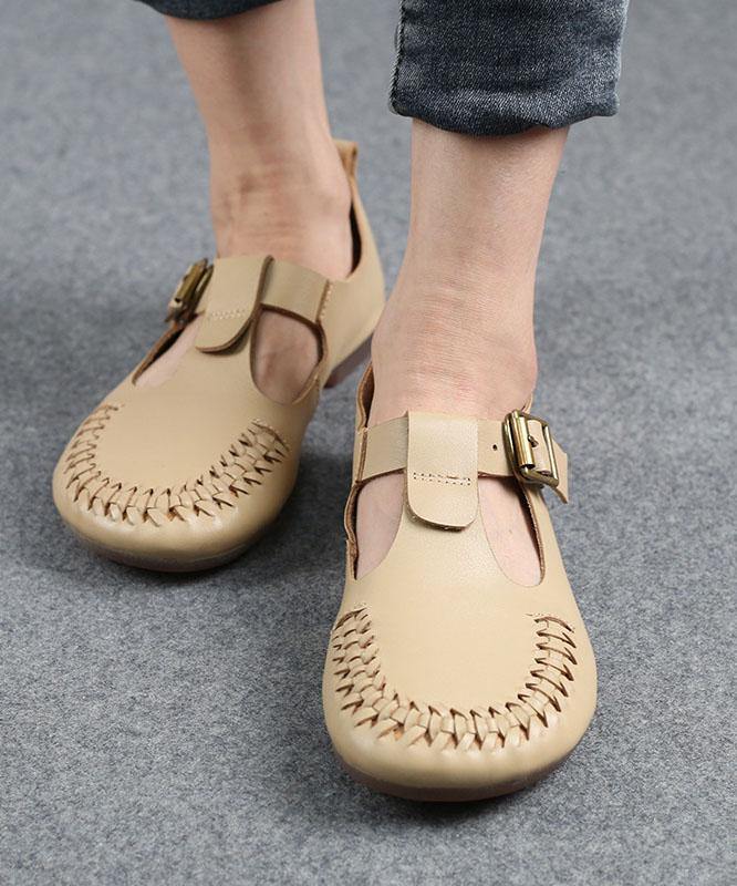 Cowhide Beige Leather Flat Shoes For Women Buckle Strap Hollow Out Flat Shoes - SooLinen