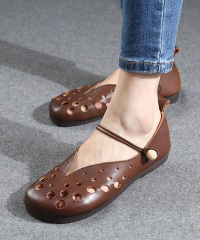 Cowhide Chocolate Leather Flat Shoes For Women Hollow Out Flat Shoes - SooLinen