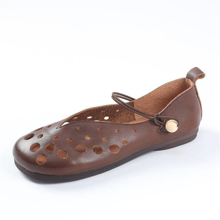 Cowhide Chocolate Leather Flat Shoes For Women Hollow Out Flat Shoes - SooLinen