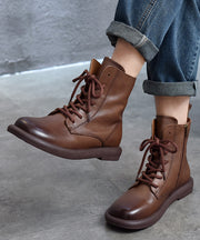 Cowhide Leather Boots Brown Casual Splicing Cross Strap