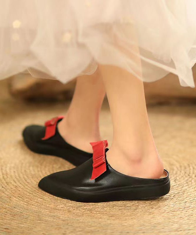 Cowhide Leather Bow Splicing Boutique Black Slide Sandals Pointed Toe