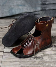 Cowhide Leather Brown Boots Hollow Out Lace Up Splicing